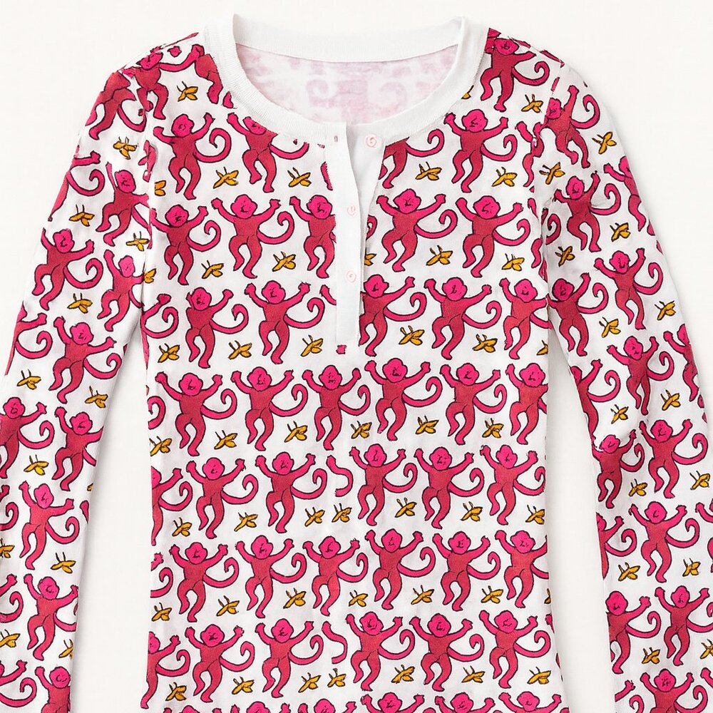 Roller Rabbit Pink Monkey Pajama Top – Size 12 Long Sleeve Henley